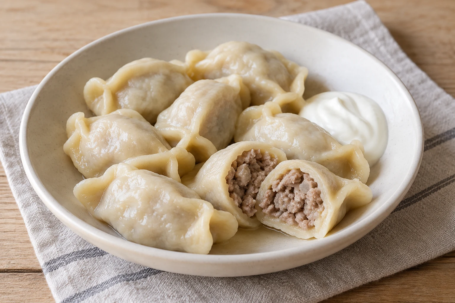 Gotowane pierogi z ciasta mącznego; przekrojony pieróg pokazuje ugotowany farsz wieprzowy.