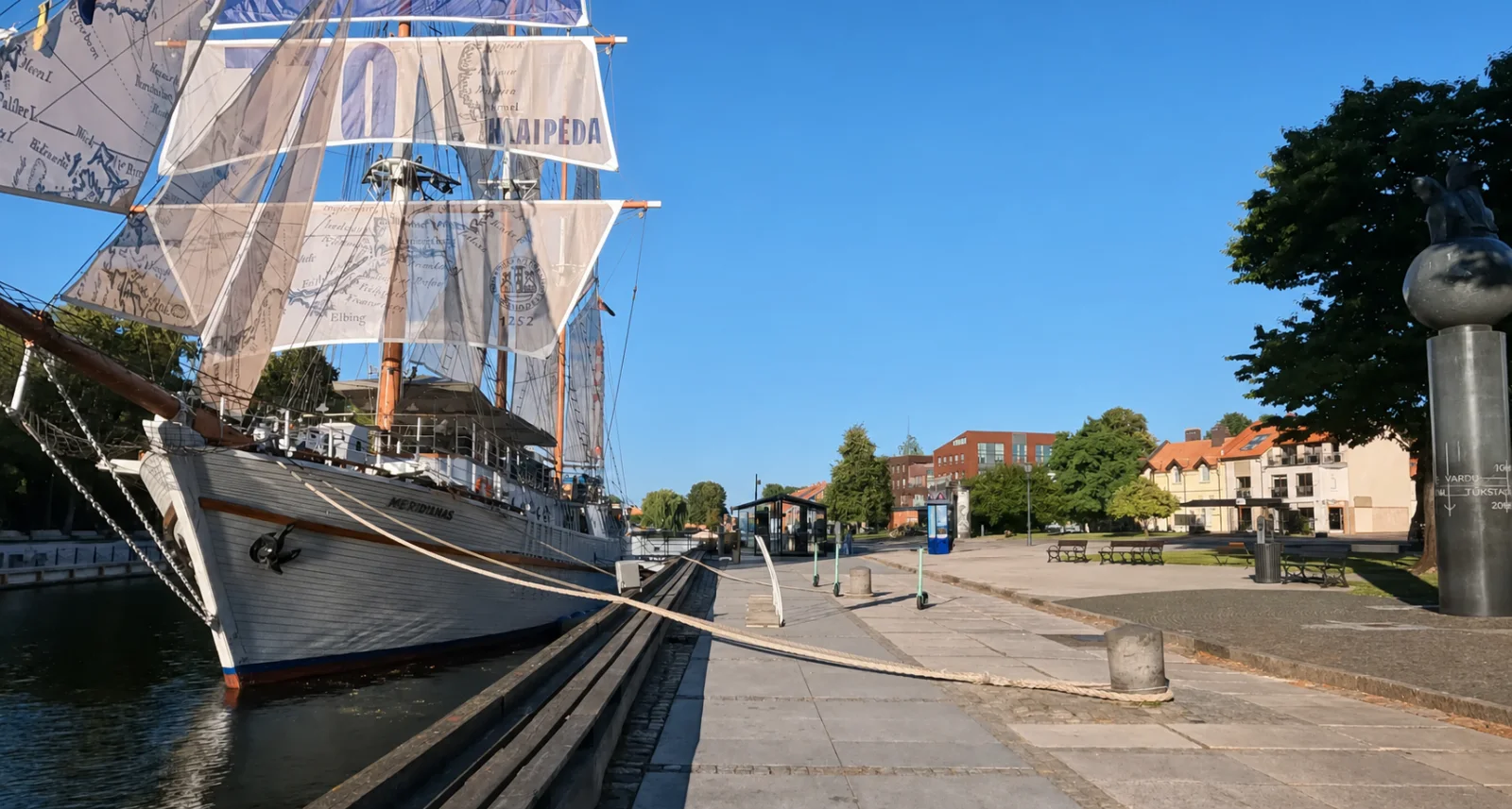 Meridianas sailing ship beside the Danė riverfront in Klaipėda