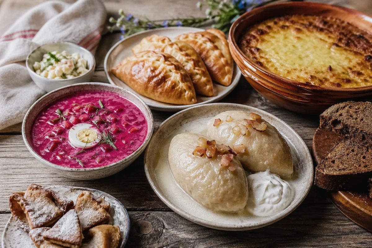 Traditional Lithuanian dishes including potato dumplings, cold beet soup and rye bread