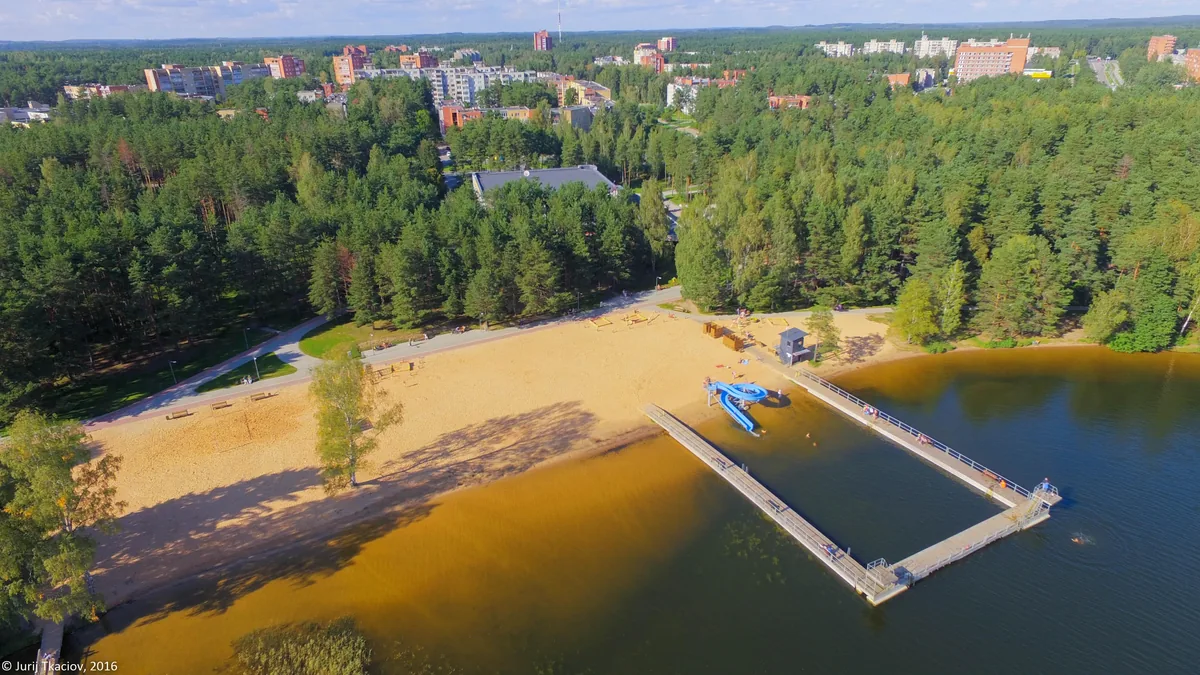 Soviet-era apartment blocks and surrounding lakes in Visaginas